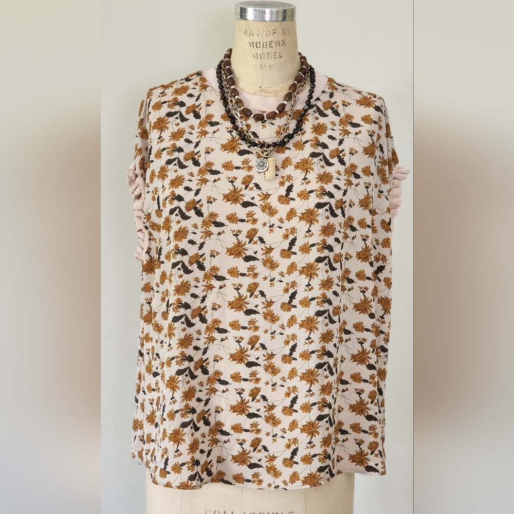 T Tahari Brown and Cream Floral Blouse